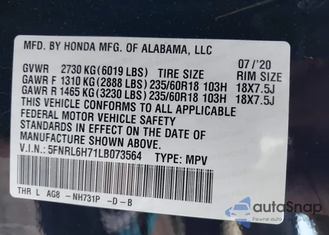 2020 Honda Odyssey Ex-L/Ex-L W/Navi Res из США, поврежденный, VIN 5FNRL6H71LB073564